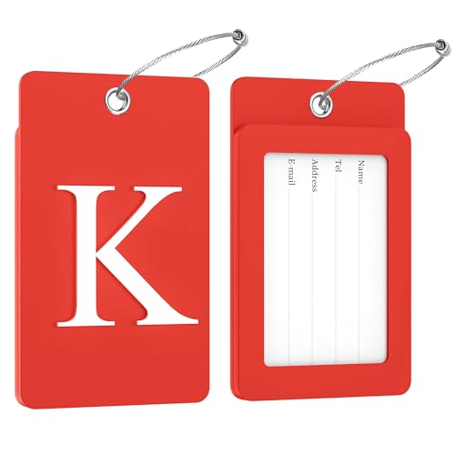 2 Pack Initial Luggage Tags for Suitcases Airplane Travel Essentials (Large K / Red)