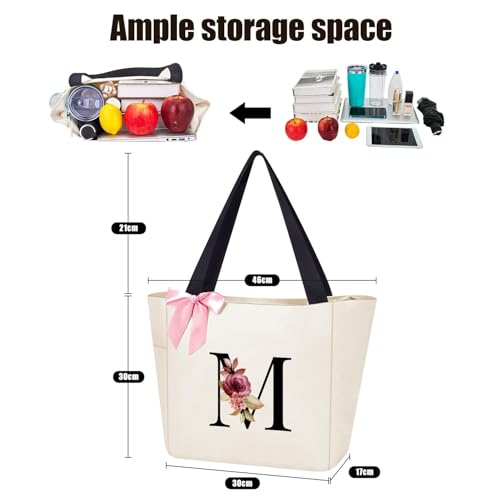Tote Bag, A-Z Initial Monogrammed Waterproof Tote Bag, Bridesmaid Gifts for Women, Black and Pink (M, Beige) (Beige)