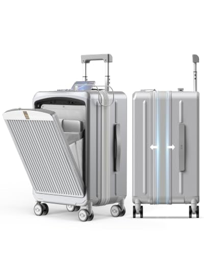 Carry on Luggage Airline Approved (Silver Grey-Expandable / Front Pocket)