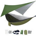 Camping Hammock with Rain Fly Tarp Mosquito Net Heavy Duty Tree Straps Portable Double Parachute Hammock Tent Waterproof Rainfly Set 660lbs Maximum Weight (Rain Fly Size：98.4x59in / Armygreen)