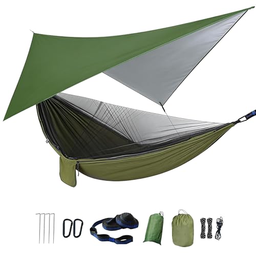 Camping Hammock with Rain Fly Tarp Mosquito Net Heavy Duty Tree Straps Portable Double Parachute Hammock Tent Waterproof Rainfly Set 660lbs Maximum Weight (Rain Fly Size：98.4x59in / Armygreen)