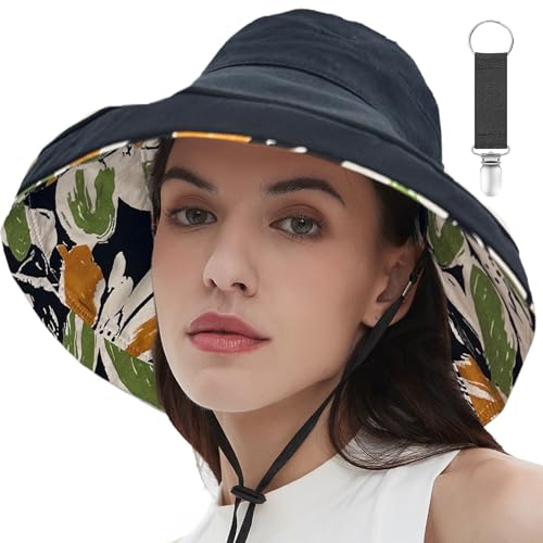 Womens Sun Hats Wide Brim Reversible Bucket Cotton Hat Packable Summer Travel Cap with Hat Clip (Medium / Black2)