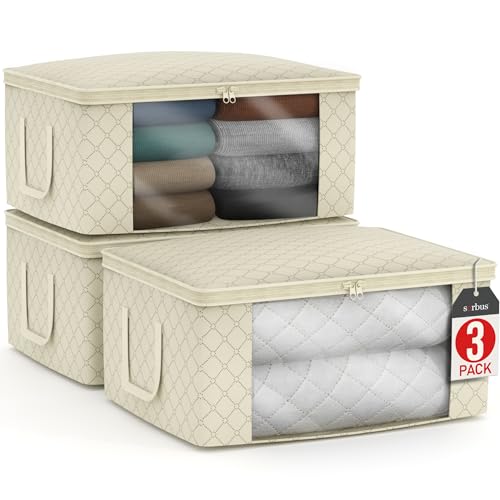 Blanket Storage Bags with Clear Window (3 Pack Large / Beige)