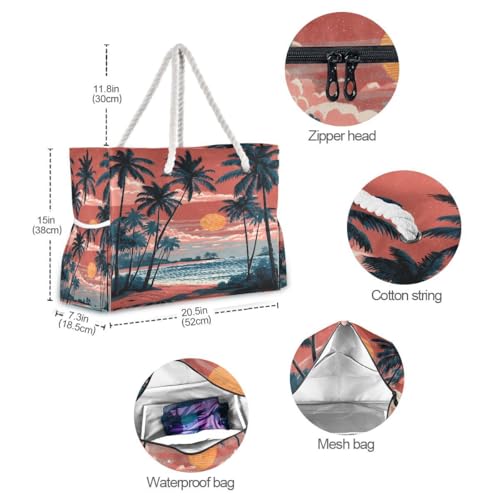 Large Beach Bags Totes Canvas Tote Shoulder Bag Soft Wave Water Resistant Bags for Gym Travel Daily Ocean (Palm Trees Sunset)
