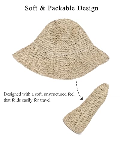 Womens Crochet Straw Sun Hat Foldable Floppy Wide Brim Beach Hat for Summer (One Size / Beige)
