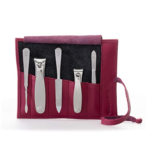 5pc Manicure & Pedicure Set (5-Pc: Finger+Toe Clipper, Tweezer, Sapphire / Magenta Leather Roll)