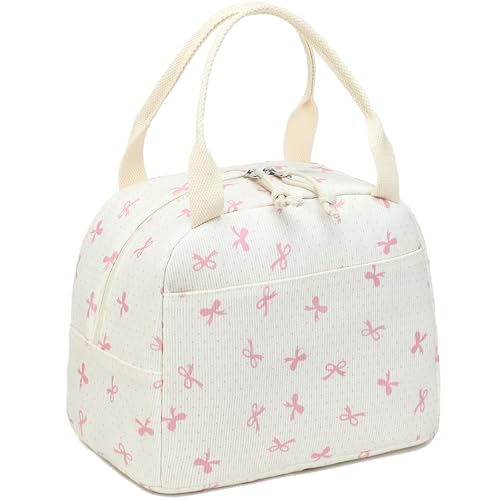 Lunch Bag for Women Men Cute Corduroy Lunch Tote Bags Reusable Insulated Lunch Box Large Capacity Reusable Insulated Cooler for Work Picnic or Travel (Bowtie-Pink / 10L)