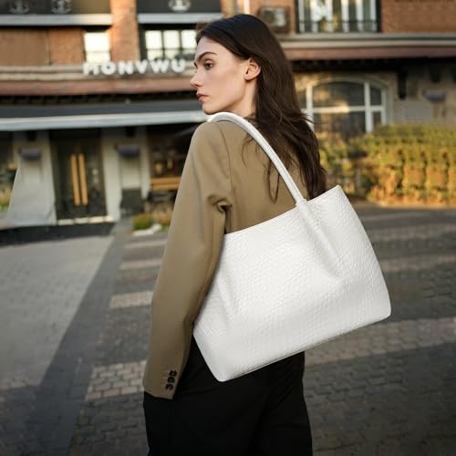 Tote Bag for Women Vegan Leather Shoulder Purse Trendy Travel Bag (White02)
