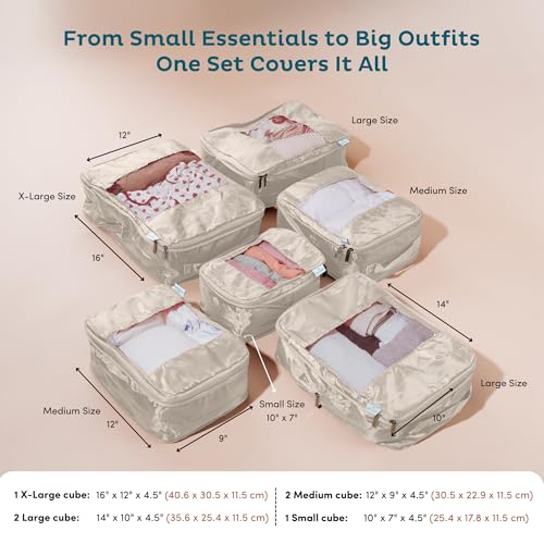 6 Pack Large Compression Packing Cubes for Travel (Cream / 6 Pack)