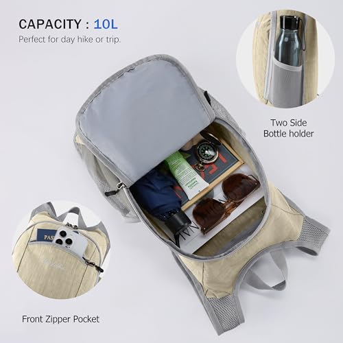 10L Small Hiking Backpack Travel Daypack Lightweight Packable Back Pack for Women Men (Beige)