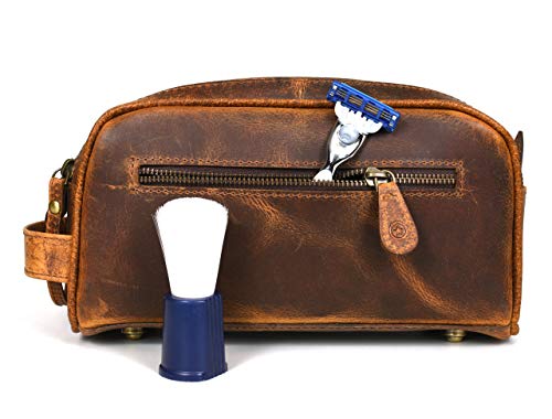 10" Premium Leather Toiletry Travel Pouch With Waterproof Lining Black Color (Copper)
