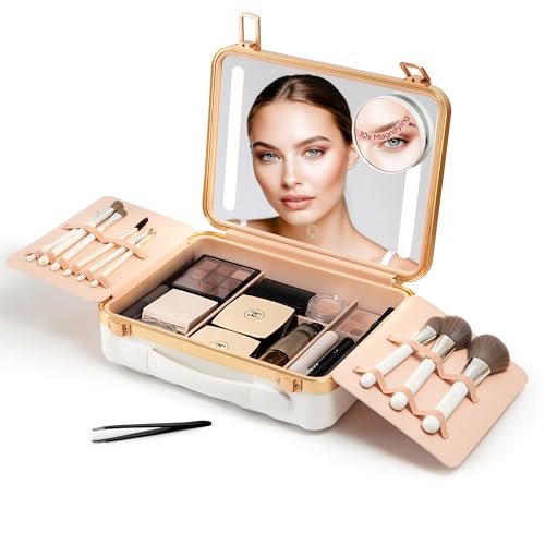 Lighted Makeup Case with Mirror + 10x Mini Mirror (White)