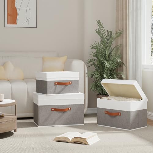 Storage Bins with Lids (13x9.1x7.9in(3-Pack) / White/Grey)