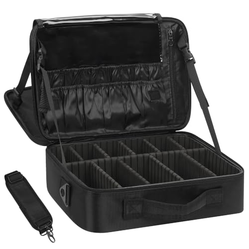 Makeup Case Large Makeup Bag Professional Train Case 14 inches Travel Cosmetic Organizer Brush Holder Waterproof Makeup Artist Storage Box (Medium / Black 2-Layer)