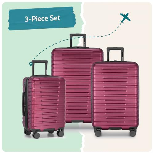 Boren Expandable Hardside Rugged Travel Luggage with 8 Spinner Wheels (3-Piece Set, USB Port in Carry-On / Metallic Red)