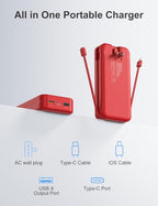 Portable Charger Power Bank 20000mAh with Built in Cables & Wall Plug (Red)