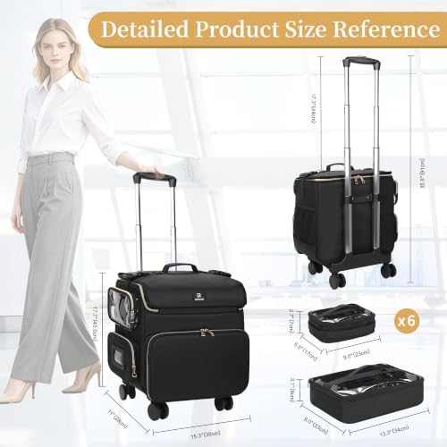 Rolling Makeup Train Case (Black-with 7 bags / XL)