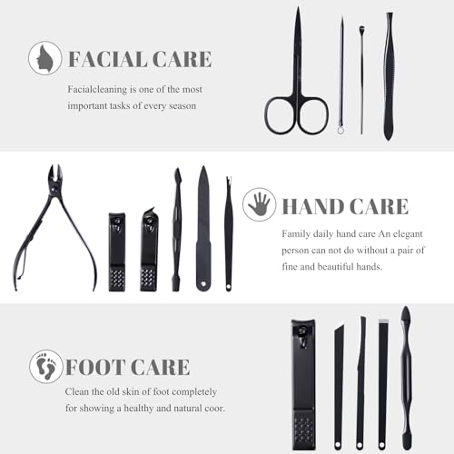 Manicure Pedicure Kit Nail Clippers Set Fingernails & Toenails Vibrissac Scissor 5 Pieces Best Care Tools for Man & Women with Travel Case (Dark 15 Pieces)