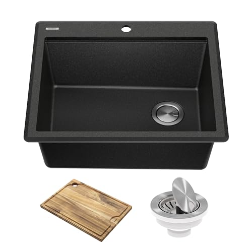 Bellucci 25 inch Granite Workstation Drop In Top Mount Single Bowl Kitchen Sink in Metallic Black with Accessories (25 Inch / Black)