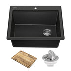 Bellucci 25 inch Granite Workstation Drop In Top Mount Single Bowl Kitchen Sink in Metallic Black with Accessories (25 Inch / Black)