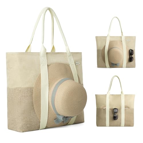 Large Beach Bags for Women (Oatmeal / 21½”L x 15¾”W x 6”H)