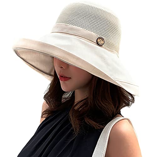 Women Summer Wide Brim Sun Hat Bucket Fishing Hats UV Protection (One Size / B1-fyu001-beige)