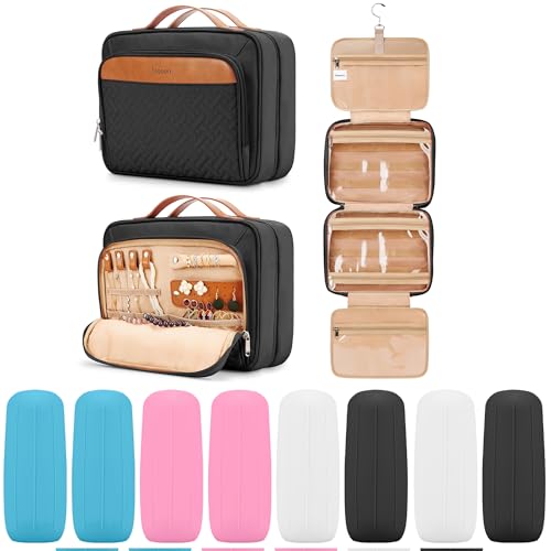 Travel Hanging Toiletry Bag for Women (Black / Large*1 + Leak Proofing Bottle Covers*8)