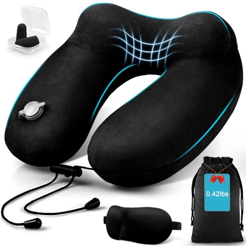 Inflatable Travel Neck Pillow for Airplanes (Black)
