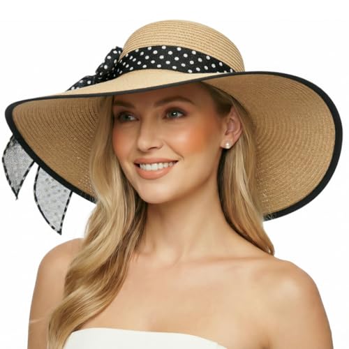 Wide Brim Sun Hat for Women Floppy Straw Hat Summer Beach Hats Fashionable Trendy Hats Sun Protection UPF 50+ (1 Pc：black Edge Khaki+white Dot Hat, 4.7" Brim)