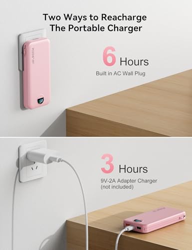 Portable Charger Power Bank 10000mAh with Built in Cables & Wall Plug (Light Pink)