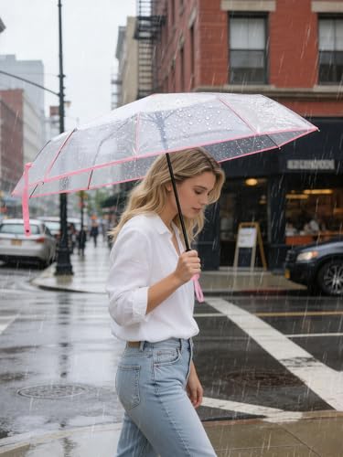 Windproof Travel Umbrellas for Rain and Sun (Clear-Pink / 2 PK)