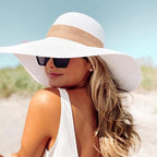 Womens Big Bowknot Straw Hat Foldable Sun Hats Floppy Beach Hat Large Roll up Cap UPF 50+ (White With Khaki Band/ 5.5" Brim, 1 Pack)