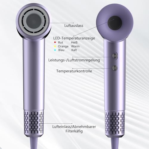 KARFUN Hair Dryer, 110000 RPM High-Speed Brushless Motor Fast Drying Blow Dryer, 57dB Low Noise Hair Dryer for Home or Travel, 3 Temps & 2 Speeds (Purple)