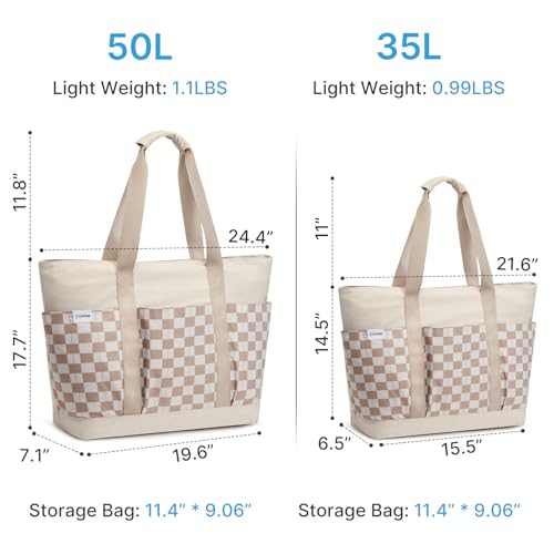 Beach Bag Waterproof Beach Tote Pool Bags for Women (Brown Checkered / 50L)