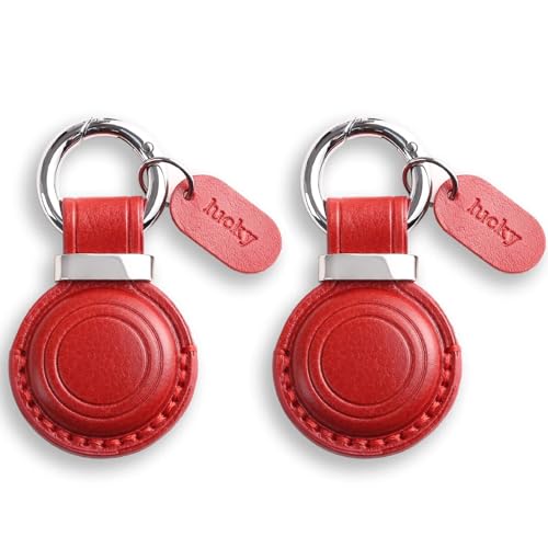 Genuine Leather Keychain Holder Compatible with AirTag ([2 Pack] Dark Red)