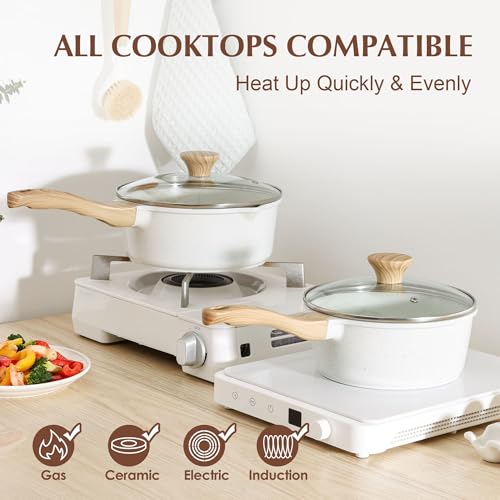 White Ceramic Nonstick Saucepan with Lid Set (White Ceramic / 2.0 + 2.5 Quarts)