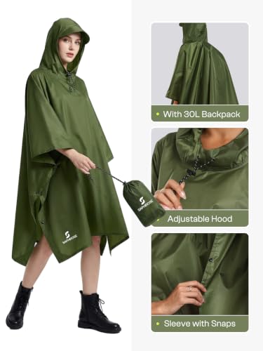 Adult Rain Poncho Waterproof Hooded Raincoat Lightweight Packable (One Size / Army Green 2 Pack)