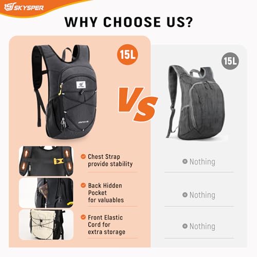 15L Foldable Hiking Backpack Lightweight Packable Travel Daypack with Chest Strap Small Outdoor Folding Back Pack Collapsible Bag for Women Men (Black / 15l)