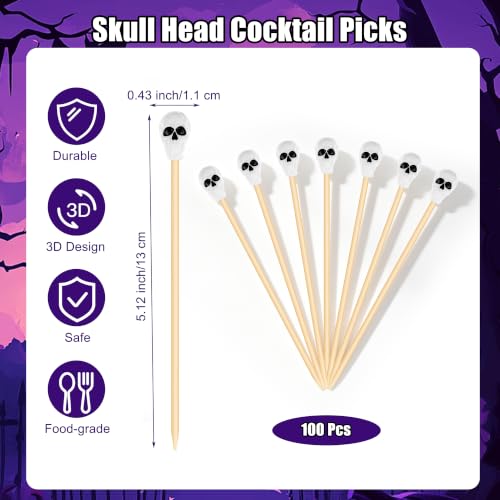 100 Pcs Halloween Toothpicks Skull Head Cocktail Picks Bamboo Skewer (Skull Head)