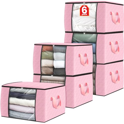 6 Pack Storage Bags for Clothes Blanket Storage Bins with Lids (6 Pack-60l / Pink)
