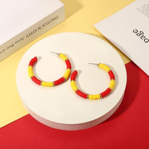 Game Day Earrings Football Baseball Earrings for Women Sports Team Heishi Hoop Earring Football Accessories Outfits Cheer Mom Essentials Fall Sports Must Haves Cheer Gifts (Red Yellow)