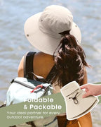 Womens Sun Hat with Ponytail Hole Beach Hiking Summer Wide Brim UPF 50+ Outdoor Protection Foldable Bucket Hat Beige (Beige)