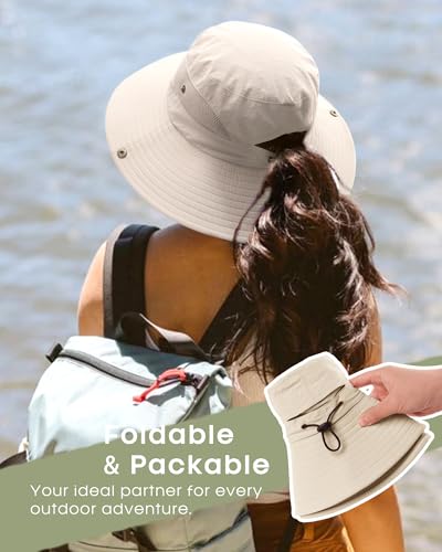 Womens Sun Hat with Ponytail Hole Beach Hiking Summer Wide Brim UPF 50+ Outdoor Protection Foldable Bucket Hat Beige (Beige)