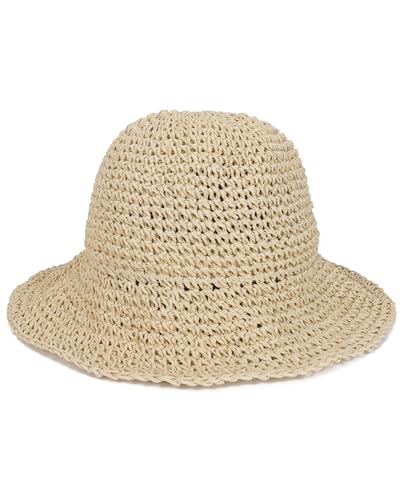 Womens Crochet Straw Sun Hat Foldable Floppy Wide Brim Beach Hat for Summer (One Size / Beige)