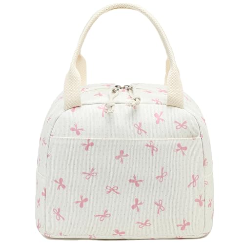 Lunch Bag for Women Men Cute Corduroy Lunch Tote Bags Reusable Insulated Lunch Box Large Capacity Reusable Insulated Cooler for Work Picnic or Travel (Bowtie-Pink / 10L)