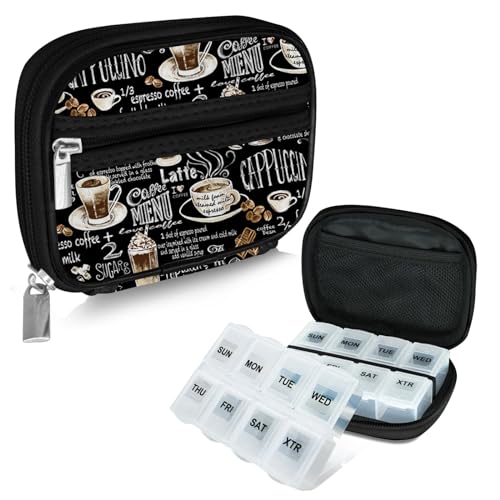 Weekly Travel Pill Organizer Cute Pill Case with 7 Day Pill Box (1 Case + 2 Boxes / B. Black 02 + Pill Box)