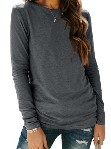 Long Sleeve Shirts for Women Casual Crewneck Tops Basic Tees (Large / 01blackgrey)