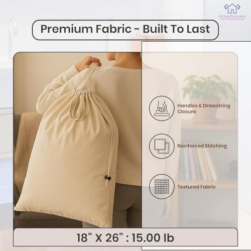 LFH Home Large Premium 1pack Cotton Rich Rich Canvas Laundry Bag with Drawstring and Handles Heavy Duty (18”x26” / Natural)