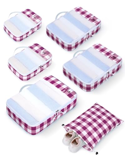 6 Set Packing Cubes for Travel Durable Suitcase Organizer Bags Set with Personalized Tag Travel Essentials with Shoe Bag Traveling Accessories for Luggage Machine Washable (Set of 6 / Wine Red)