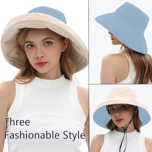 Womens Sun Hats Wide Brim Reversible Bucket Cotton Hat Packable Summer Travel Cap with Hat Clip (Medium / Medium-beige+blue)